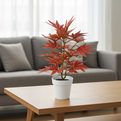 31Cm/12.2In Tall Plastic Simulation Maple Leaf Faux Plant Realistic Artificial Plant Fake Plant Without Pot Indoor Outdoor Home Decoration 31Cm/12.2In, Red