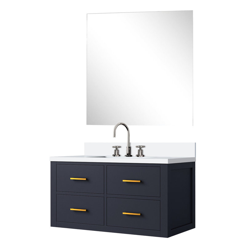 Bleu 36 po L 35 po x P 22 po avec comptoir en quartz blanc et comptoir de robinet, robinet, miroir inclus