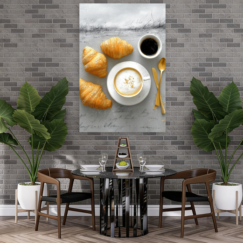 Petit déjeuner café croissants rustique, art mural contemporain, H 60 po x l 40 po