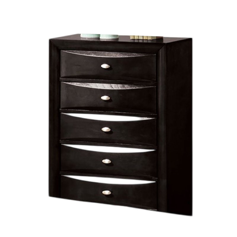Commode haute Simo, 5 tiroirs, poignées chromées, bois moderne, Noir