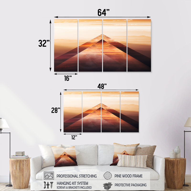 «Triangular Desert Mountains Sunset», art mural abstrait pour le salon, 4 pièces, H 32 po x l 64 po