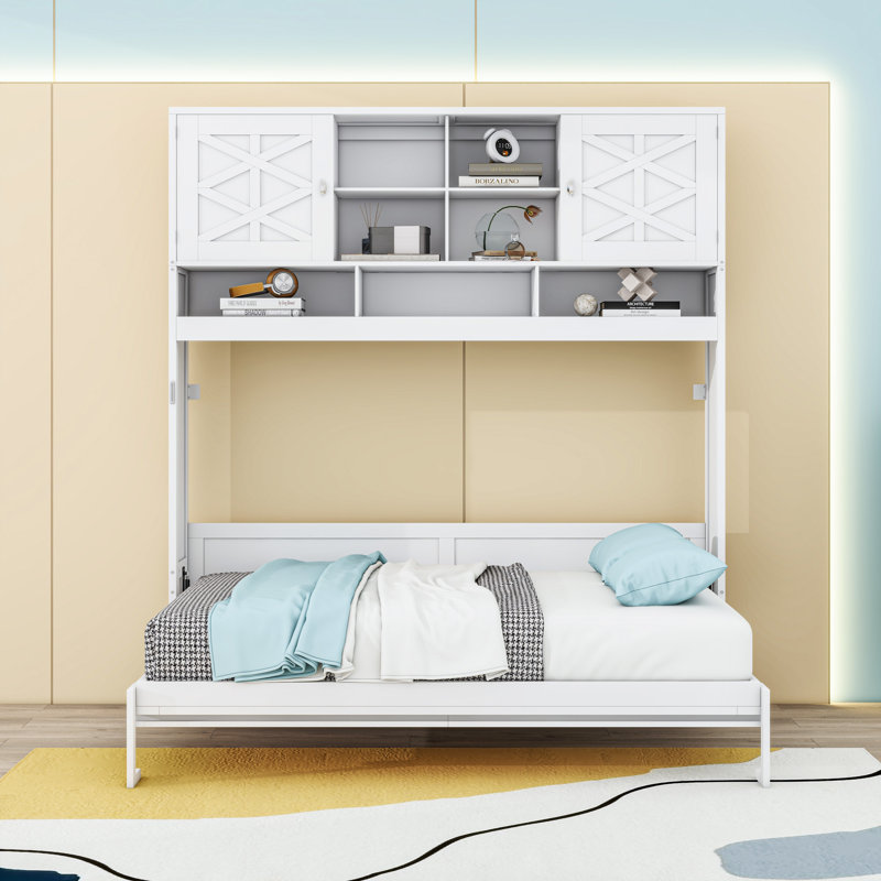 Grand lit escamotable mural en bois avec grand espace de rangement et lattes