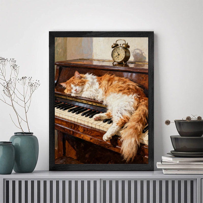 Art encadré noir, "Le chat orange qui dort sur le piano", reproduction d'art encadrée de style rétro, H 37 po x l 25 po