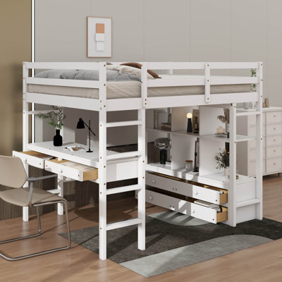 Lit mezzanine double avec bureau intégré avec deux tiroirs et tablettes et tiroirs de rangement