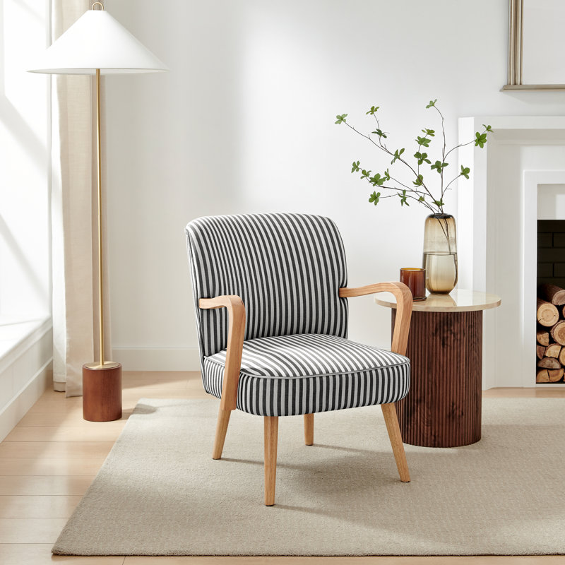 Taseefa Upholstered Accent Armchair with Oak Effect Legs - Contemporary Striped Fabric, Black/Cream