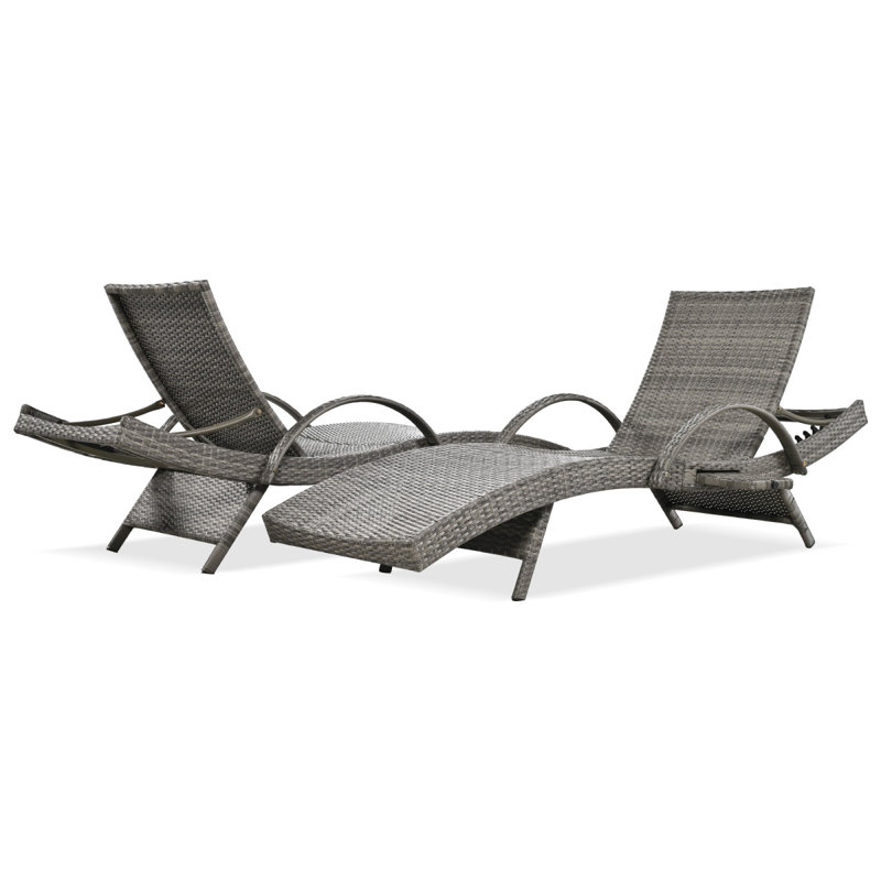 80'' Outdoor Wicker Chaise Lounge Chairs Set Of 2, Patio Rattan Reclining Chair Pullout Side Table Adjustable Backrest Ergonomic Wave Design Pool Sunbathing Recliners
