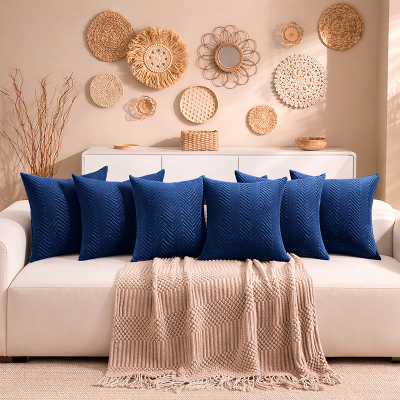 Aspire Homeware Embossed Square Velvet Cushion Cover, Navy, Pack of 6