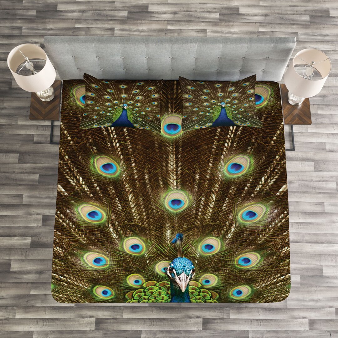 Tagesdecke Set, Peacock mit Federn, Bunt, Grün braun Braun Blau