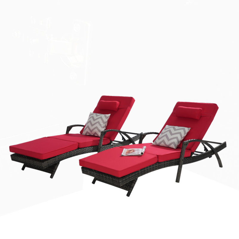 Outdoor Wicker Long Reclining Chair Set of 2 with Cushions, Red