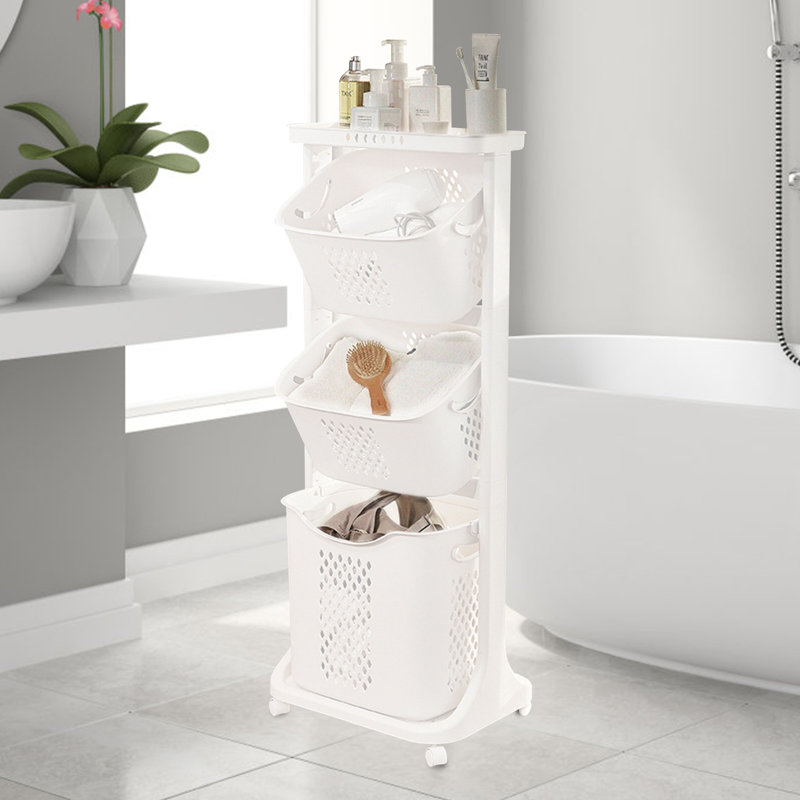 White 3-Tier Plastic Rolling Laundry Hamper with Wheels