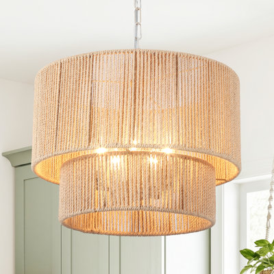 Lustre tambour bohème en rotin naturel et corde, 5 lumières, pour salle à manger ou salon