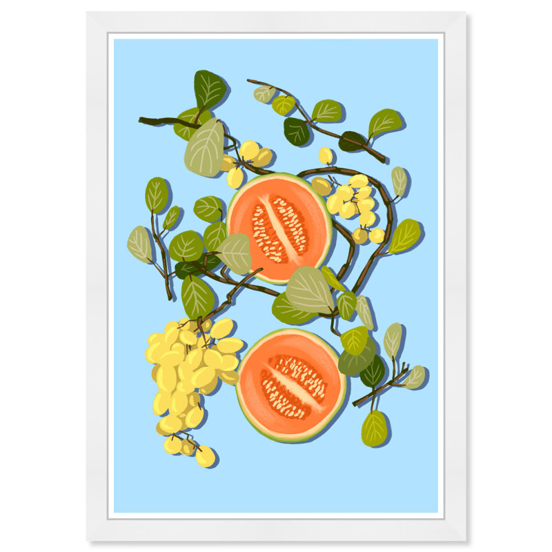 Aliments et cuisine, raisin et cantaloup, impression sur papier bleu tropical