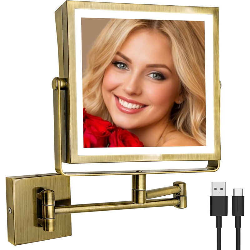  Miroir de maquillage mural rechargeable avec lumières, miroir de coiffeuse grossissant 1X / 10X à double face avec lumière 3 couleurs, écran tactile à intensité variable, bras rotatif à extension à 360 ° (nickel brossé)