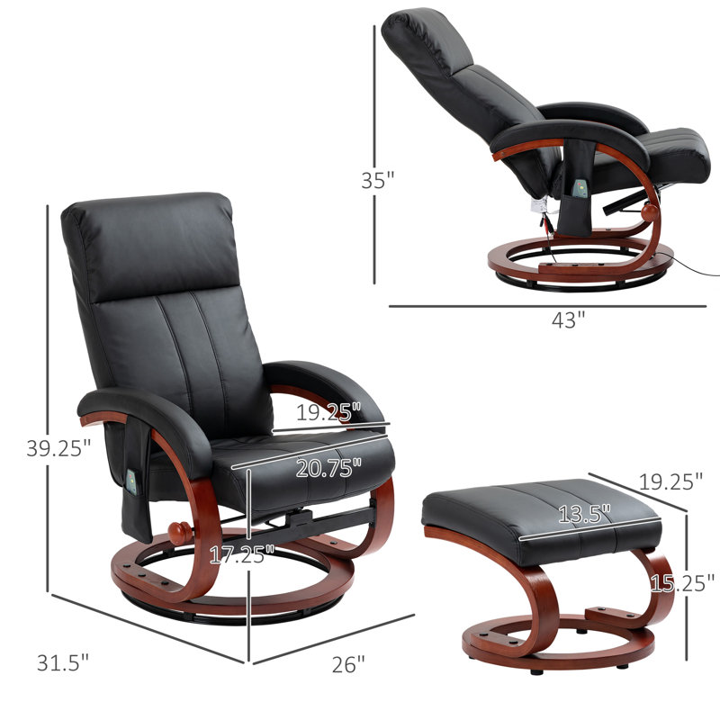 Fauteuil inclinable ergonomique manuel de 43 po de largeur avec repose-pieds, Similicuir noir