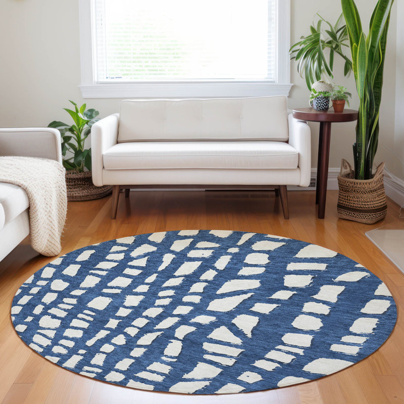 Premium Machine Washable Prisco Navy Rug, Round 8'