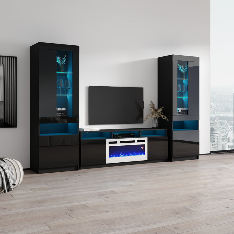 Azniv 110.2" Modern Entertainment Center with Electric Fireplace, High Gloss Finish, Media Storage, Black
