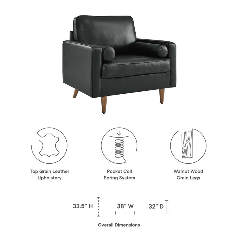 Mid-Century Biscuit Tufted Leather Accent Chair in Black