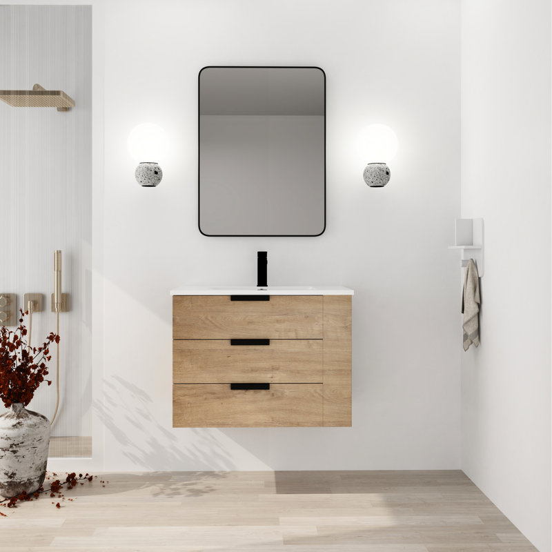 Meuble-lavabo de salle de bain 30 po avec tablette latérale. Tiroir à fermeture en douceur. Lavabo mural imitation chêne et contreplaqué, 30 po. Tiroir et support. Chêne, matériau