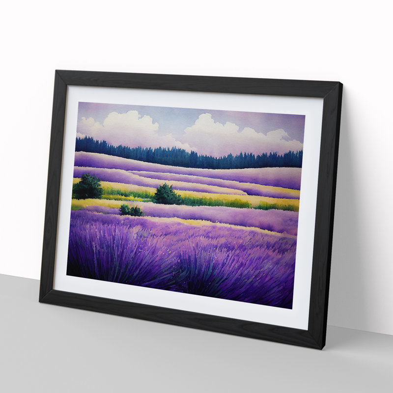 Lavender Field Watercolour Vol.6 - Single Picture Frame Rectangle Print, Black Framed, 46cm H x 64cm W x 2cm D