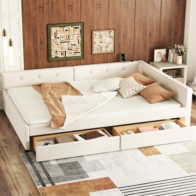 Lit plateforme tapissier pleine grandeur beige - Hublots, 2 tiroirs,, sans sommier, modernisation de chambre à coucher avec tiroirs en bois, revêtement en lin, sophistication