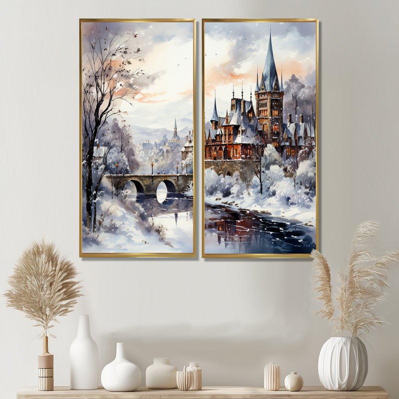 Merveilleux village d'hiver à Noël III - décoration murale traditionnelle blanche, 40" H x 40" W, Gold
