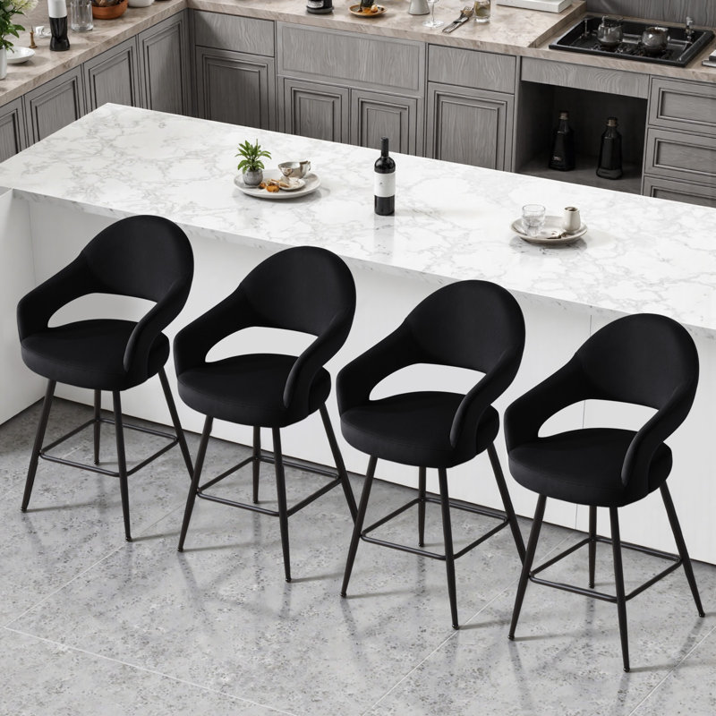 Tabouret de comptoir pivotant rembourré avec dossier incurvé et structure en métal (ensemble de 4), 4, Noir