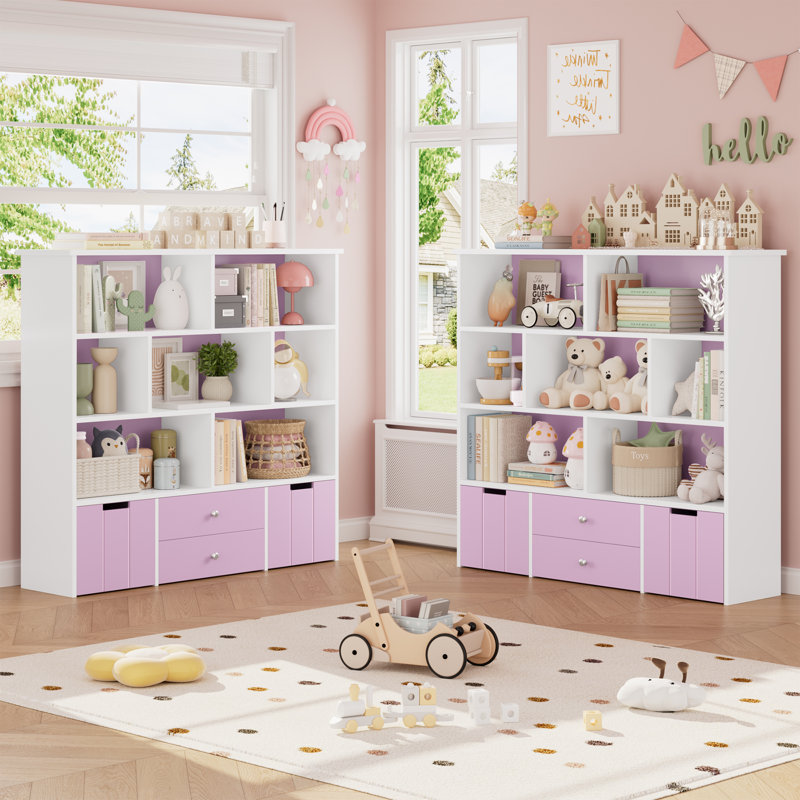 49.1" W Bookcase, 4-tier Bookshelf, Storage Organizer With Drawers, Lavender Pink/White