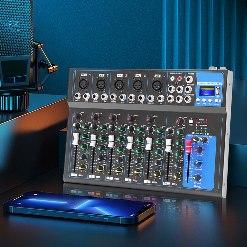 7 Channel Audio Mixer with Bluetooth, USB & 48V Phantom Power