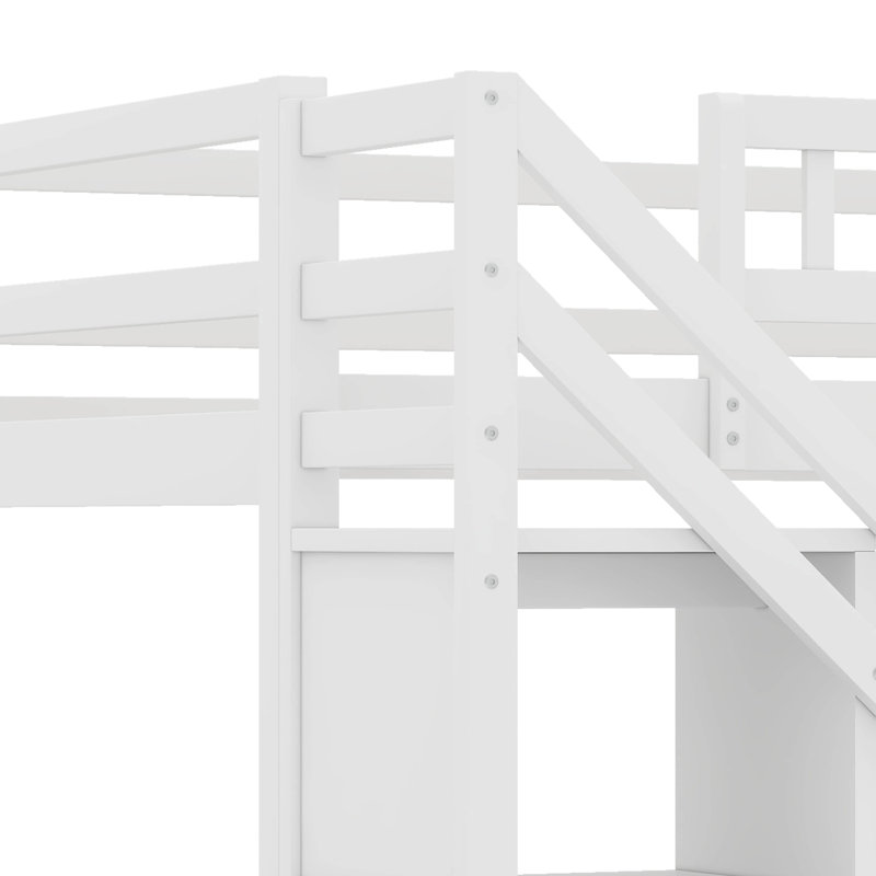 Lit mezzanine avec bureau, commode à 2 tiroirs avec tiroir, DEL, armoire ouverte, Lit simple, Blanc