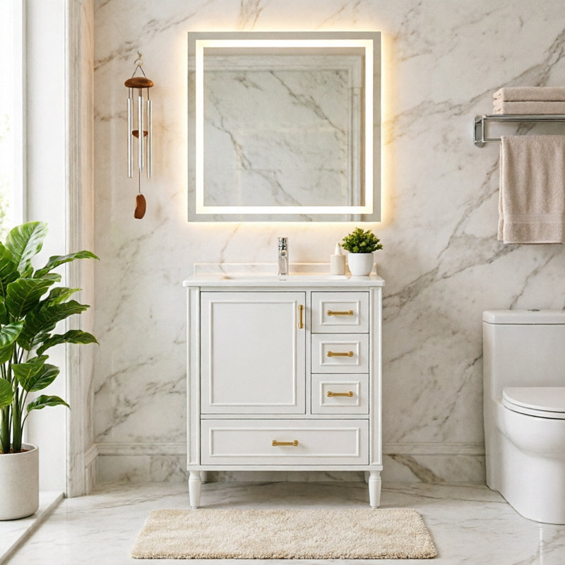 Meuble-lavabo moderne de 61 cm (24 po) avec lavabo en céramique, portes à fermeture amortie, 3 tiroirs, poignées dorées, fini peint en blanc, blanc