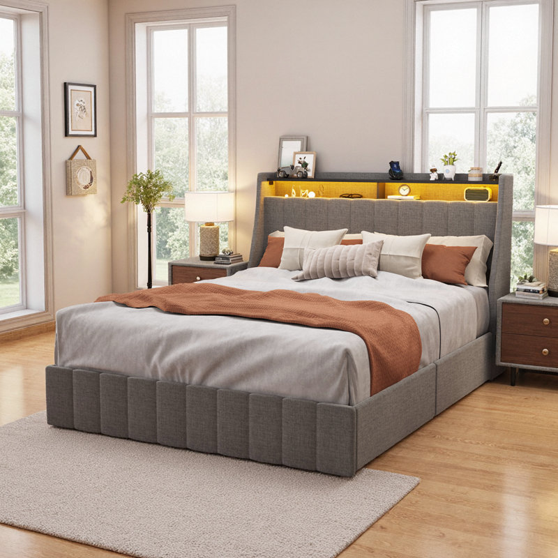 Illuminez et organisez: base de lit double avec tête de lit à DEL RVB, 4 tiroirs de rangement sous le lit et tablette - revêtement gris clair