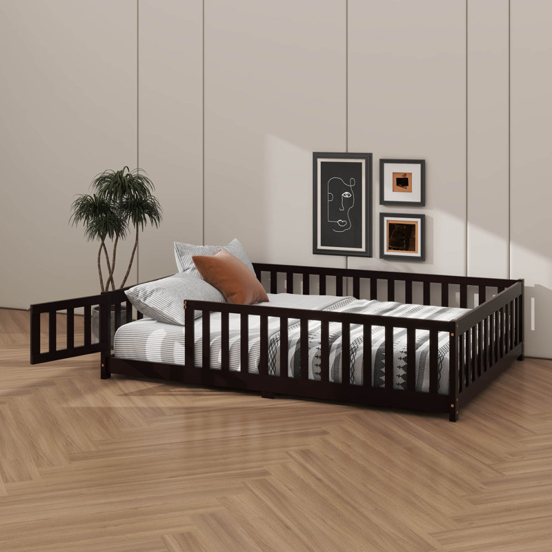 Lit de plancher avec porte et clôture avec garde-corps de sécurité, Double, Espresso