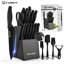 Ensemble de 19 couteaux de cuisine en acier inoxydable, affûteur intégré, compatible lave-vaisselle, manches ergonomiques antidérapants, 6 couteaux à steak, noir