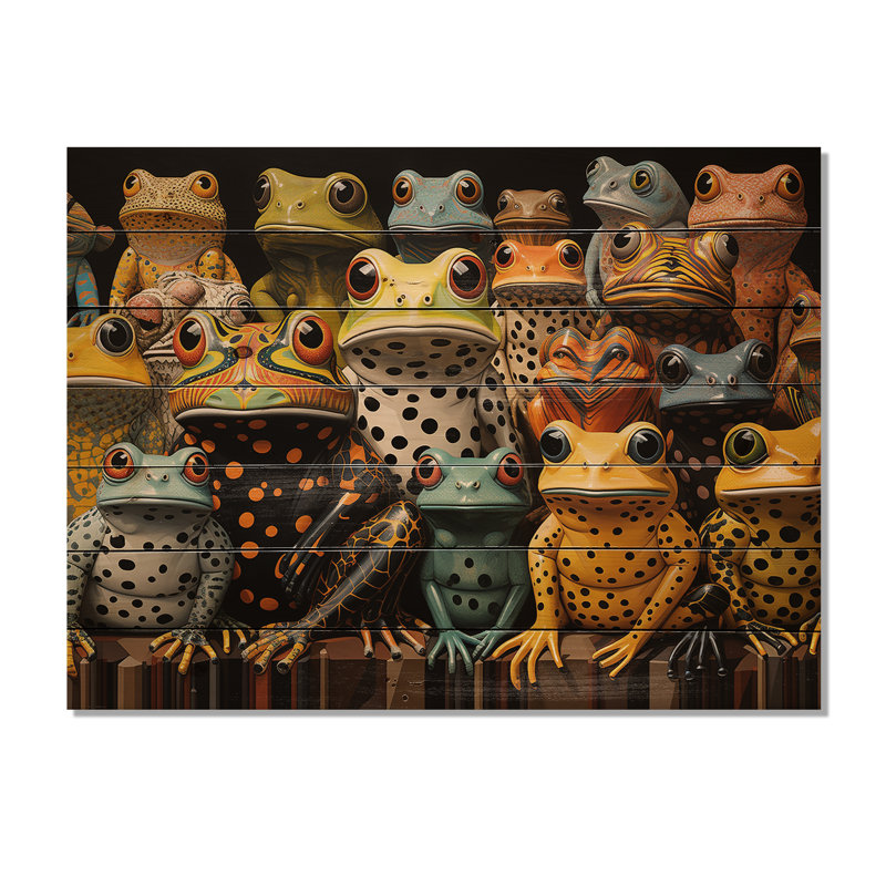 Multicolor Pop Art Frogs I - Frogs & Toads Wood Wall Art On Natural Pine Wood, 10" H x 20" W