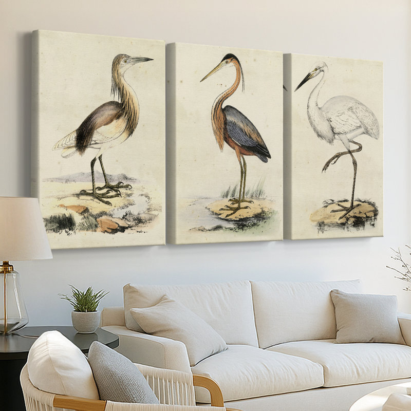 Antique Heron I - Toile tendue avec châssis sur mesure - 3 pièces, H 48 po x l 96 po