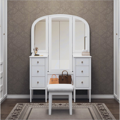 Antique Makeup Vanity Desk With Triple Mirror, 6-Drawer Dressing Table Set Including Stool, Full Length Mirror For Bedroom Dressing Room