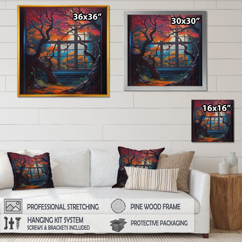 Robinho orange et brunes de Robinho dans une fenêtre II sur toile, H 16 po x l 16 po x P 1 po, Encadrement doré