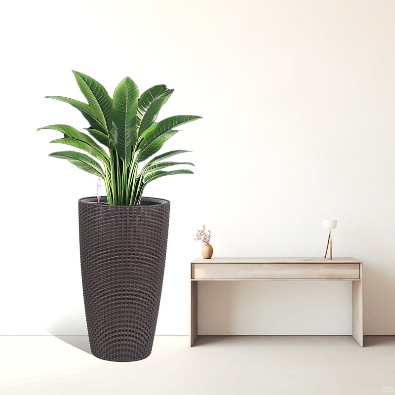 Set Of 2 Faux Rattan Tall Planters Outdoor Indoor Large Planters With Water Level Monitor Inner Bucket, Automatic Watering