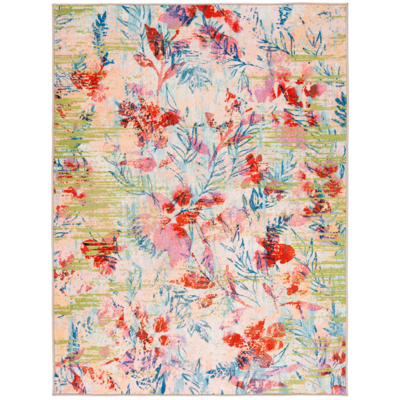 Blue and Blush Pink Abstract Floral 9' x 12' Area Rug