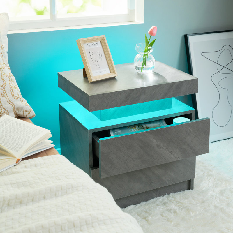 LED Bedside Table with 2 Drawers, Bedside Table with LED Lights for Bedroom, Grey/Brown/Blue