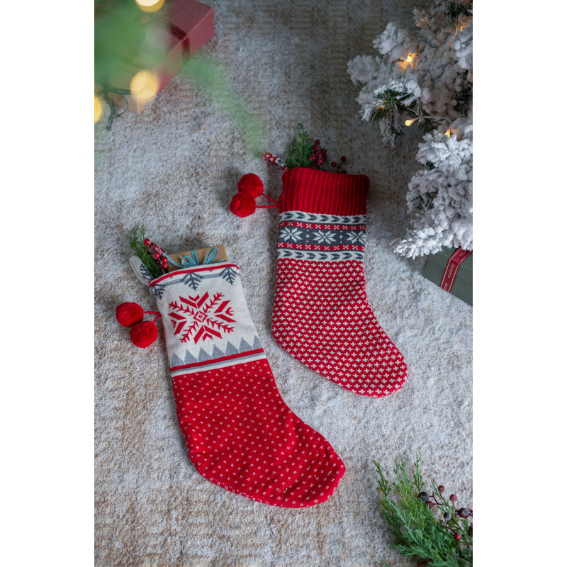 12X25"Red/Gray/White Snowflake Pattern Knit Stocking W/Pom Pom