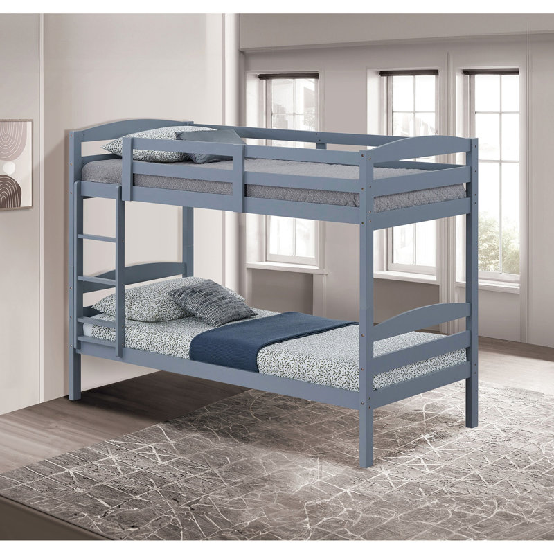 Lit simple superposé au-dessus, gris avec lattes arquées, transitionnel, bois massif et bois d'ingénierie, système de joints, profondeur de 42,5 pouces pour une chambre à coucher grise, style transitionnel, arrangement de 79 po de largeur
