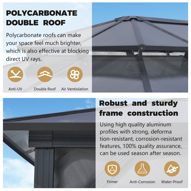 Pavillon de jardin extérieur en aluminium avec toit double en polycarbonate gris pour terrasse, jardin et cour arrière