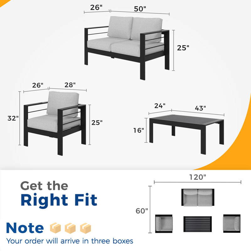 Brandtley Aluminum 4-Person Sofa Seating Group with Cushions, Black Frame/Gray Cushion