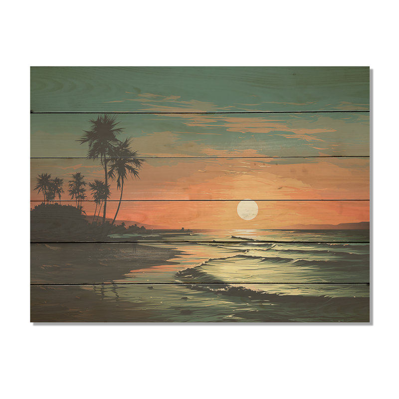 Sarcelle, escapade tropicale, coucher de soleil - palmiers et palmiers, art sur bois de pin naturel, H 24 po x l 32 po