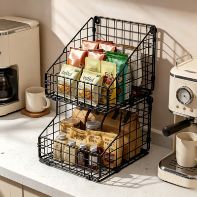 Rangement grillagé à 3 niveaux pour garde-manger, support mural et support de comptoir avec crochets en S amovibles, bacs de rangement en métal pour les collations, les boissons, les sachets de thé et les condiments pour armoires de cuisine