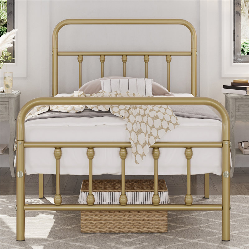 Antique Gold Twin Metal Bed Frame with Spindle Headboard