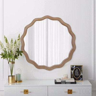23,62 pouces miroir rond en bois ondulé miroir mural rond miroir festonné-grand décor encadré en bois suspendu cercle cercle moderne décor de ferme pour la salle de bain, salon, chambre de bébé décor