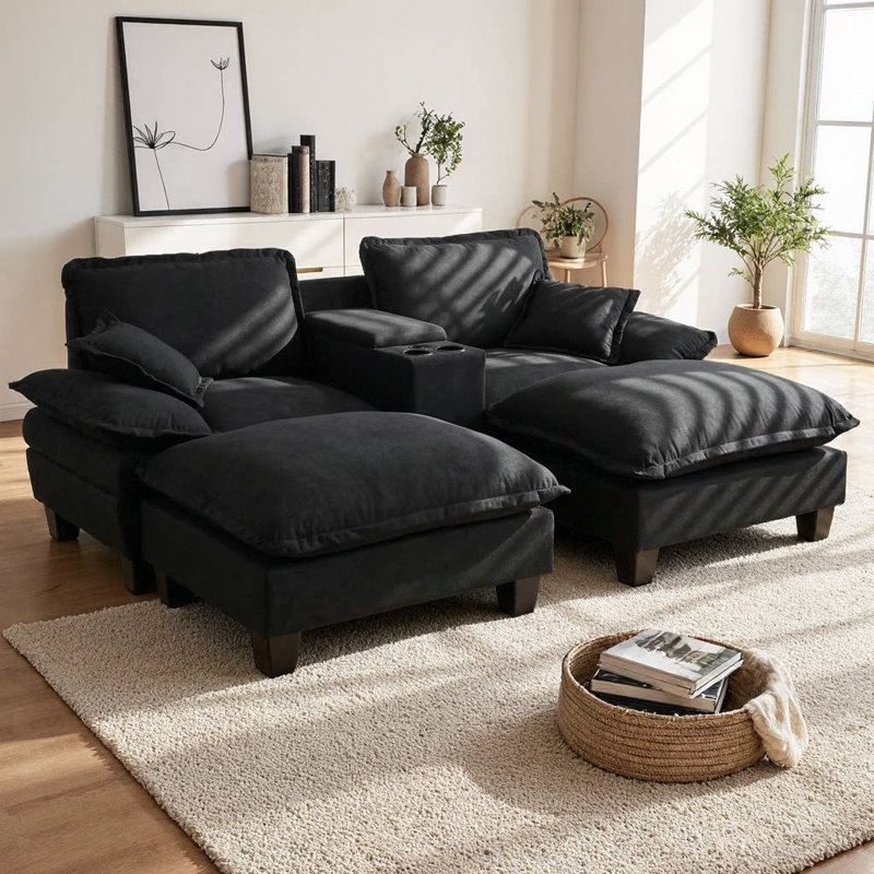 Canapé modulaire en nuage à 4 places, canapé modulaire en U avec porte-gobelets, rangement et port USB, 2 repose-pieds et 2 coussins, tissu en chenille doux pour la vie en appartement