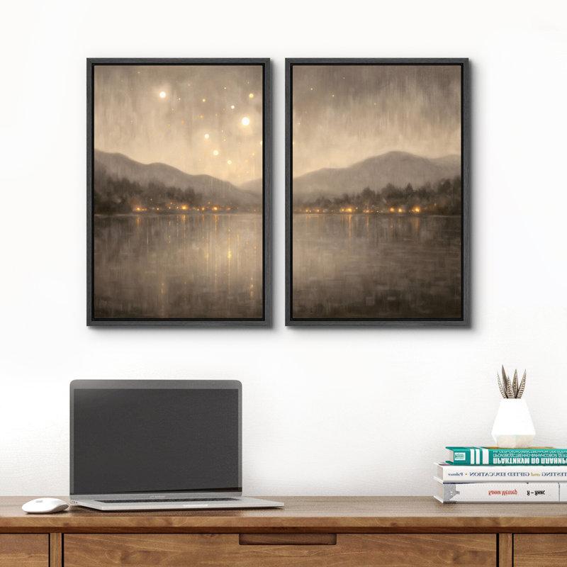 «Golden Night Lake with Mountains and Glowing Lights», reproduction d'art sur toile encadrée dans la chambre principale, 2